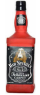 A dog toy that is red bottle with a black label